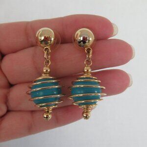 New Gold Tone Faux Turquoise Bead Dangle Pierced Earrings 1.75" Long